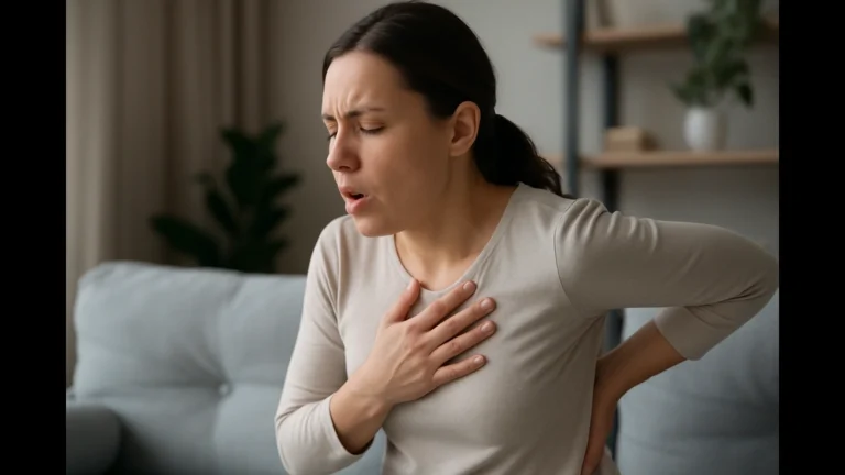 Femme assise sur un canapé, main sur la poitrine et dans le dos, ressentant une douleur dorsale à l’inspiration profonde dans un salon lumineux.