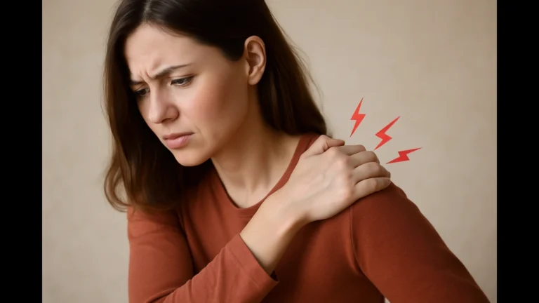 Femme jeune assise en intérieur tenant son épaule gauche douloureuse, expression crispée liée au stress et aux tensions musculaires.