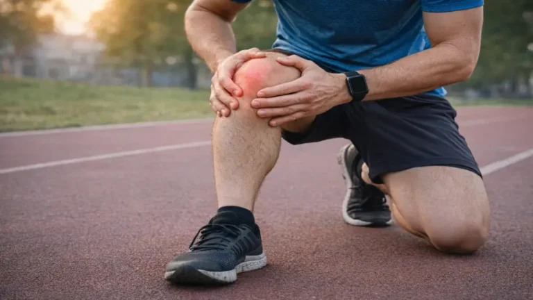 Coureur à pied ressentant une douleur au genou sur une piste d’athlétisme, illustration des causes fréquentes de gonalgie et blessures du genou en course à pied.