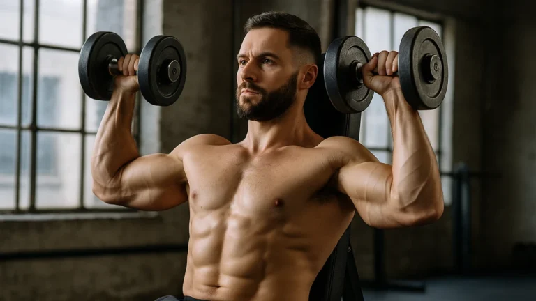 Homme musclé réalisant un développé épaules avec haltères assis dans une salle de musculation industrielle, mettant en valeur les deltoïdes et la musculation des épaules avec haltères.