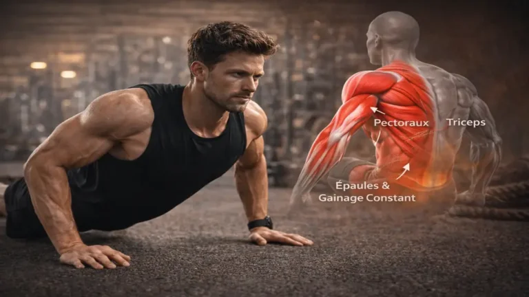 Homme réalisant des pompes au sol, exercice de musculation au poids du corps pour renforcer pectoraux, triceps, épaules et gainage