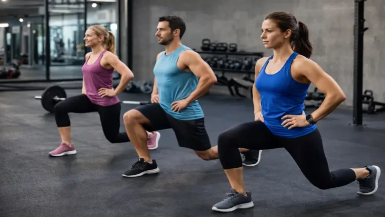 Exercice de fentes alternées réalisé en salle de sport, montrant la bonne technique pour renforcer quadriceps, fessiers et stabilité des jambes