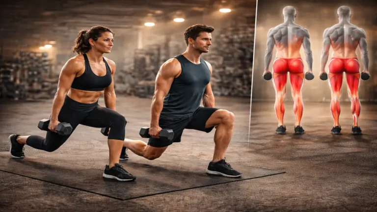 Homme et femme effectuant des fentes marchées avec haltères en salle de sport, exercice de renforcement des quadriceps, fessiers et ischio-jambiers