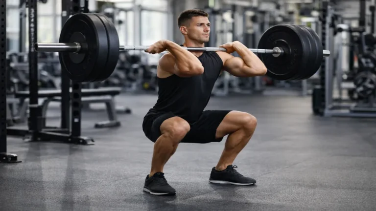 Exercice de front squat réalisé avec barre en salle de sport, position front rack correcte pour muscler les quadriceps et renforcer le gainage