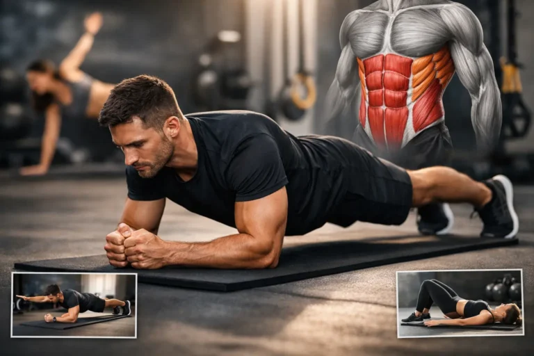Exercice de gainage abdominal en planche ventrale réalisé au sol, posture alignée renforçant les abdominaux profonds, le transverse et la stabilité du tronc