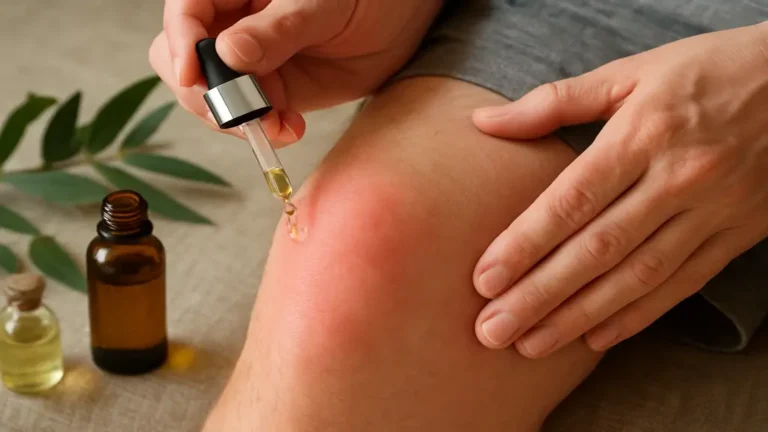 Application d’huile essentielle en massage sur une articulation douloureuse pour soulager les douleurs d’arthrose