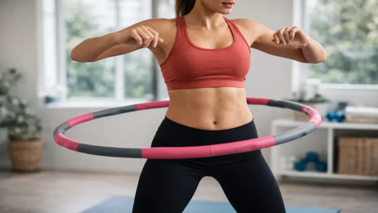 Exercice de hula hoop fitness avec cerceau lesté pratiqué à domicile pour renforcer les abdominaux et améliorer le gainage