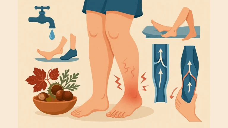 Illustration médicale réaliste montrant des jambes lourdes et gonflées avec varices, symboles de douleur et remèdes naturels pour soulager l’insuffisance veineuse.