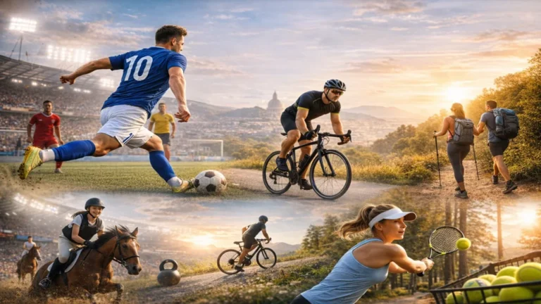 Illustration des sports les plus pratiqués en France avec football, vélo, randonnée, équitation et tennis, représentant la pratique sportive en club et en loisir.