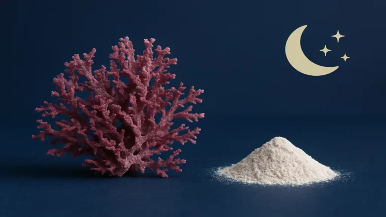 Poudre de lithothamne et algue rouge sur fond bleu nuit, illustrant un complément naturel pour améliorer le sommeil