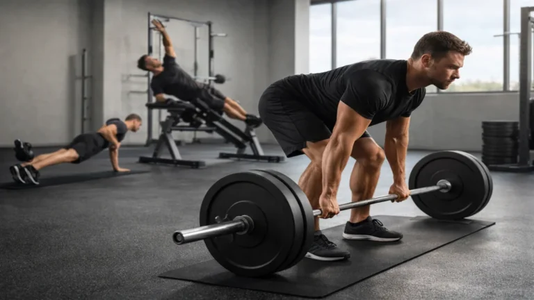 Exercices pour renforcer les lombaires en musculation avec soulevé de terre roumain, gainage latéral et hyperextension réalisés avec une posture correcte.