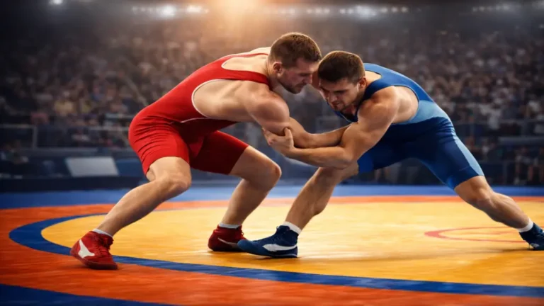 Deux lutteurs s’affrontant en lutte sportive sur un tapis olympique, combat au corps-à-corps illustrant les règles, techniques et styles de la lutte libre et gréco-romaine.