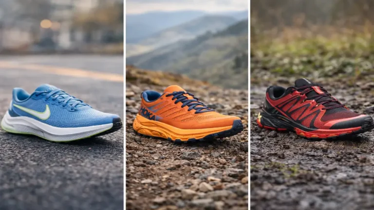 Trois paires de chaussures de running pour la route et le trail, montrant les différences d’amorti, de semelles et de terrains de course