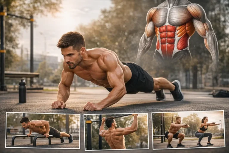 Séance de musculation au poids du corps en extérieur avec exercices de pompes, tractions, squats et gainage pour un entraînement full body sans matériel