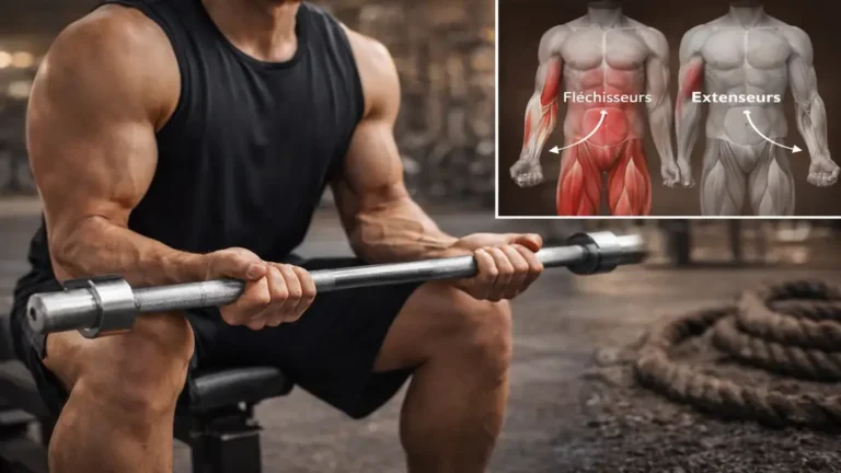 Homme réalisant des curls de poignets à la barre en salle de sport, exercice pour muscler les avant-bras et améliorer la force de poigne