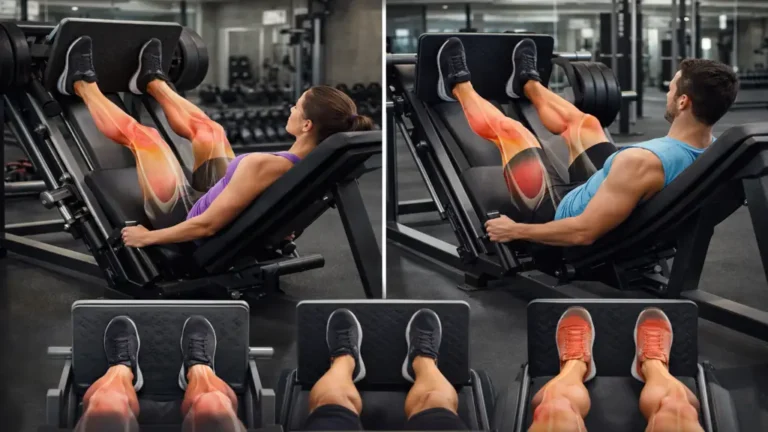 Exercice de presse à cuisses en salle de sport montrant la bonne technique sur machine leg press pour renforcer quadriceps, fessiers et ischio-jambiers