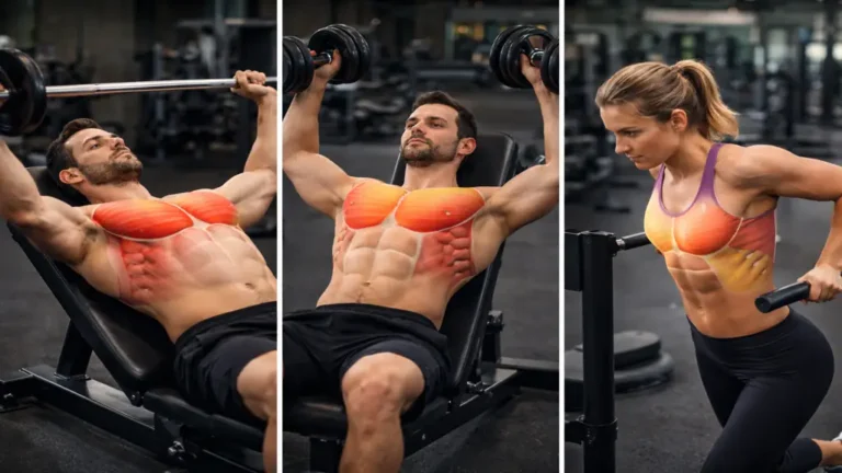 Exercices de musculation des pectoraux réalisés en salle de sport, montrant des mouvements de poussée pour développer la poitrine