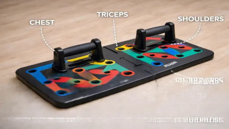 Planche à pompes multi-positions avec poignées amovibles utilisée pour varier les exercices de pompes et cibler pectoraux, triceps et épaules à domicile.