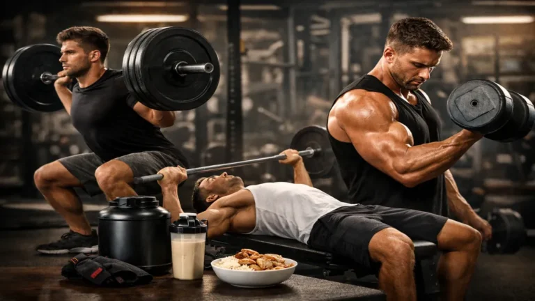 Programme prise de masse en salle de sport avec exercices polyarticulaires squat développé couché et curl pour hypertrophie musculaire