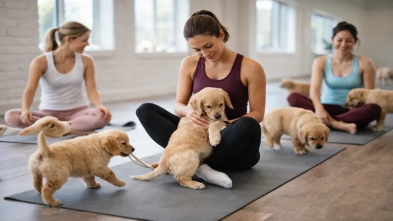 Séance de puppy yoga en studio lumineux avec des participants pratiquant le yoga doux entourés de chiots en liberté