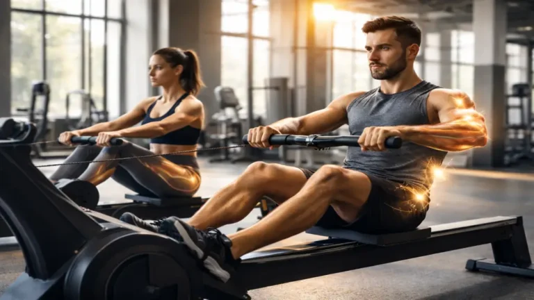 Homme et femme s’entraînant sur un rameur en salle de sport, illustrant les bienfaits du rameur sur le cardio, le renforcement musculaire complet et la perte de poids.