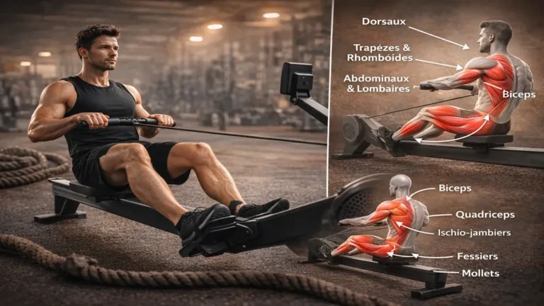 Homme utilisant un rameur en salle de sport, illustrant les muscles travaillés au rameur comme les quadriceps, fessiers, dos, abdominaux et bras