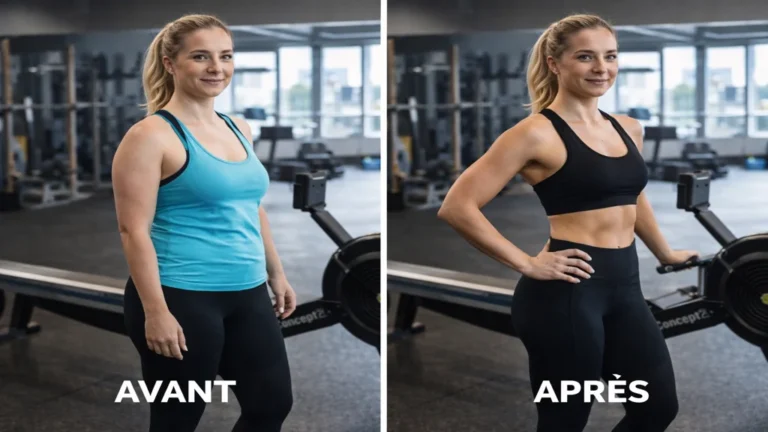 Transformation physique avant et après la pratique régulière du rameur, montrant une silhouette plus tonique et une perte de masse grasse visible.