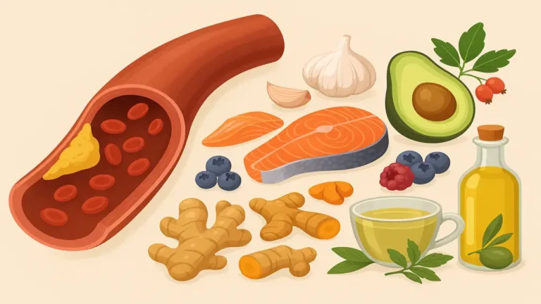 Illustration réaliste montrant une artère partiellement obstruée à côté d’aliments protecteurs comme l’avocat, l’huile d’olive, le saumon, l’ail, le gingembre et les fruits rouges