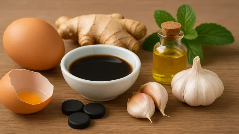 Remèdes naturels pour soulager les troubles digestifs, avec gingembre, ail, charbon végétal, huile et plantes digestives