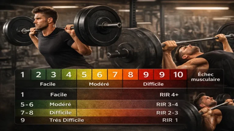 Échelle RPE en musculation illustrée lors d’un entraînement squat et développé couché pour évaluer l’intensité et les répétitions en réserve