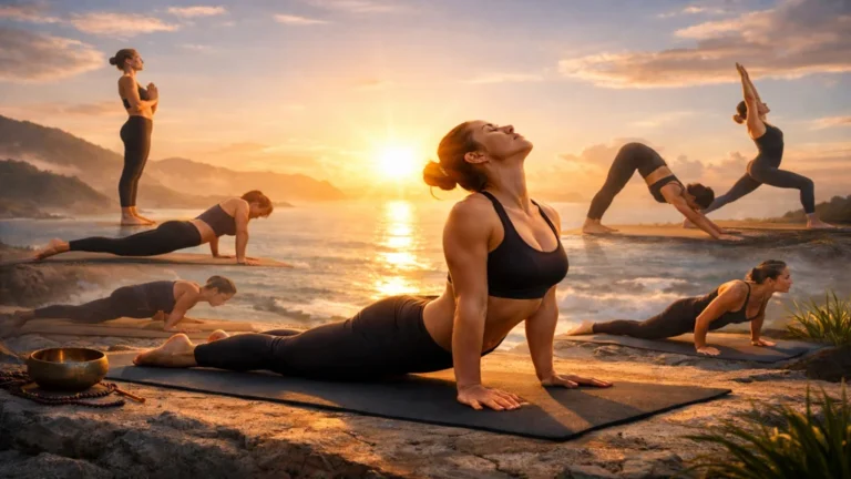 Pratique de la salutation au soleil en yoga au lever du soleil, enchaînement de postures dynamiques synchronisées avec la respiration face à l’océan.