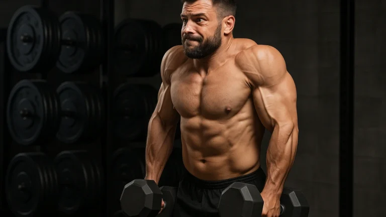 Athlète réalisant un shrug haltère avec deux gros haltères dans une salle de musculation, trapèzes contractés et épaules élevées, démonstration réaliste de l’exercice shrug haltère pour muscler le haut du dos.