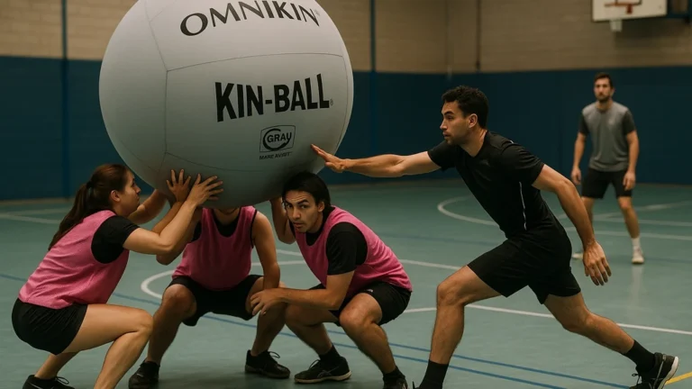 Match de sport Kin-Ball dans un gymnase, trois joueurs en chasuble rose soutiennent un ballon géant Omnikin tandis qu’un adversaire en noir se prépare à frapper, illustrant l’intensité et la coopération de ce jeu collectif avec ballon géant.