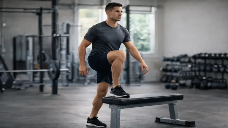 Exercice de step up en musculation réalisé sur banc en salle de sport pour renforcer les quadriceps, les fessiers et l’équilibre