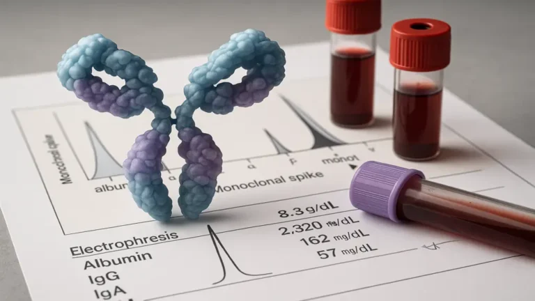 Tube de prélèvement sanguin posé sur un résultat d’électrophorèse montrant un pic monoclonal, symbole d’une analyse médicale détaillée