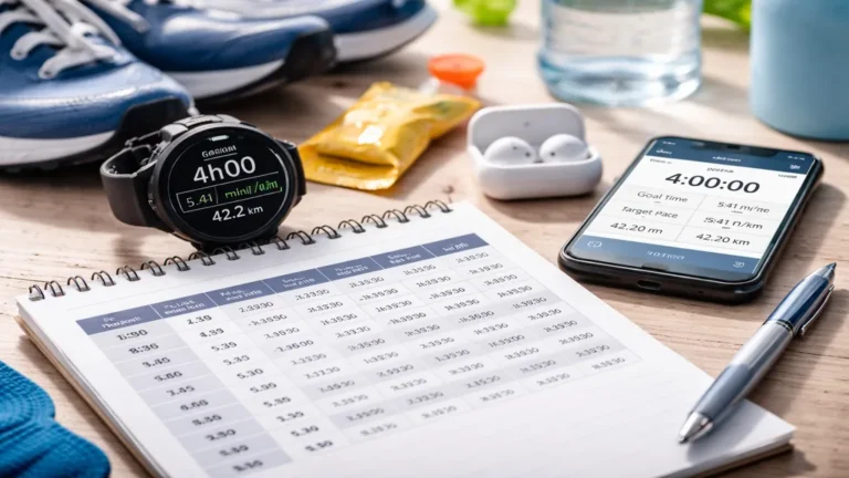 Accessoires de course à pied pour préparer une allure marathon avec montre GPS, carnet et équipement de running posés sur une table