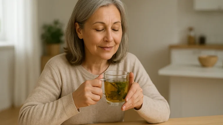 Femme ménopausée aux cheveux gris savourant une tisane aux plantes à une table en bois dans une cuisine lumineuse, expression détendue et apaisée.