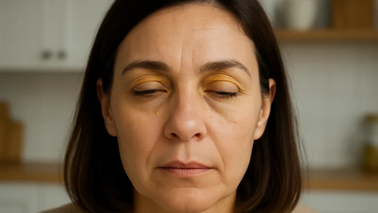 Gros plan sur le visage d’une femme présentant un xanthelasma, plaques jaunes de cholestérol visibles sur les paupières supérieures près du coin interne de l’œil.