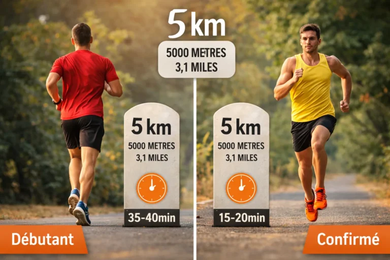 Course à pied sur 5 km illustrant la différence de temps et d’allure entre un coureur débutant et un coureur confirmé sur la distance de 5 000 mètres.