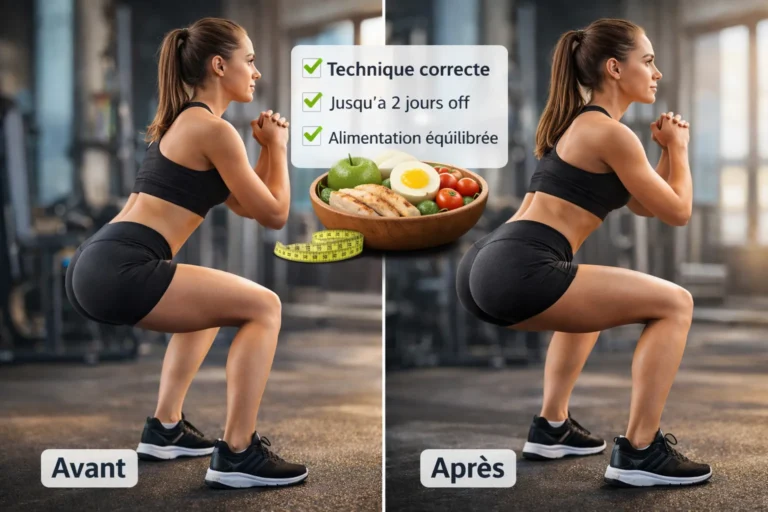 Avant après 50 squats par jour montrant l’évolution de la tonicité des fessiers et des cuisses grâce à une pratique quotidienne avec technique correcte et récupération adaptée.