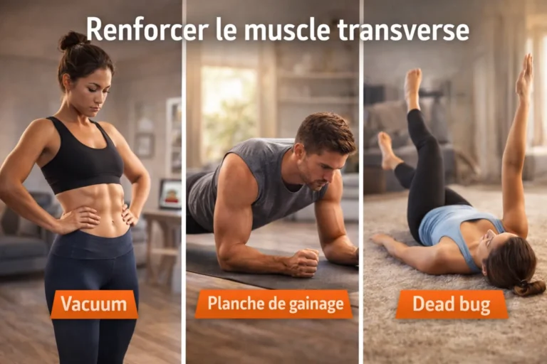 Exercices pour renforcer le muscle transverse de l’abdomen avec le vacuum, la planche de gainage et le dead bug, favorisant la stabilité du tronc et une posture correcte.