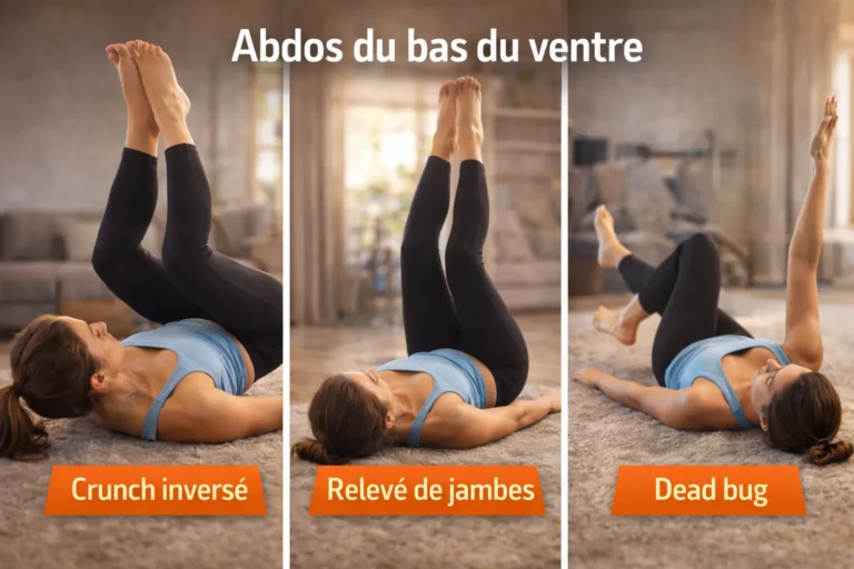 Exercices ciblés pour les abdos du bas du ventre avec crunch inversé, relevé de jambes et dead bug, réalisés au sol pour renforcer la sangle abdominale sans solliciter les lombaires.