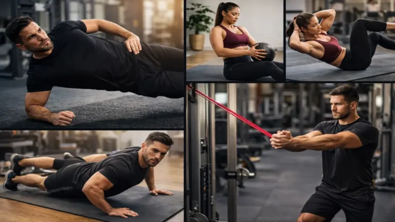 Homme et femme réalisant des exercices pour renforcer les abdos obliques, incluant gainage latéral, crunch vélo, russian twist et travail anti-rotation en salle et à domicile.