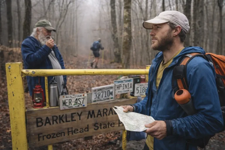 Coureur des Barkley Marathons au départ près de la Yellow Gate dans le Frozen Head State Park, tenant une carte de navigation avant une boucle hors-sentier de l’ultra-trail extrême du Tennessee.