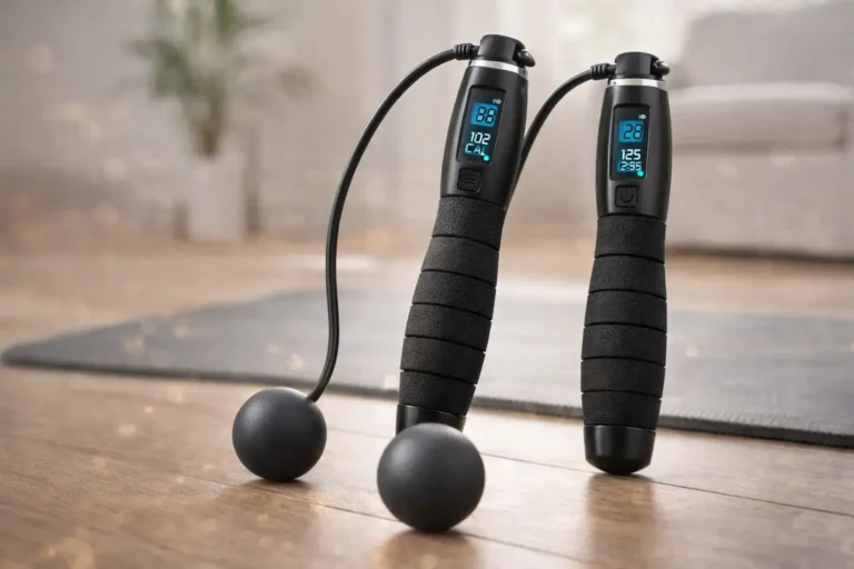 Corde à sauter sans fil avec poignées lestées et compteur digital posée sur tapis de fitness, idéale pour le cardio-training en appartement et petits espaces.