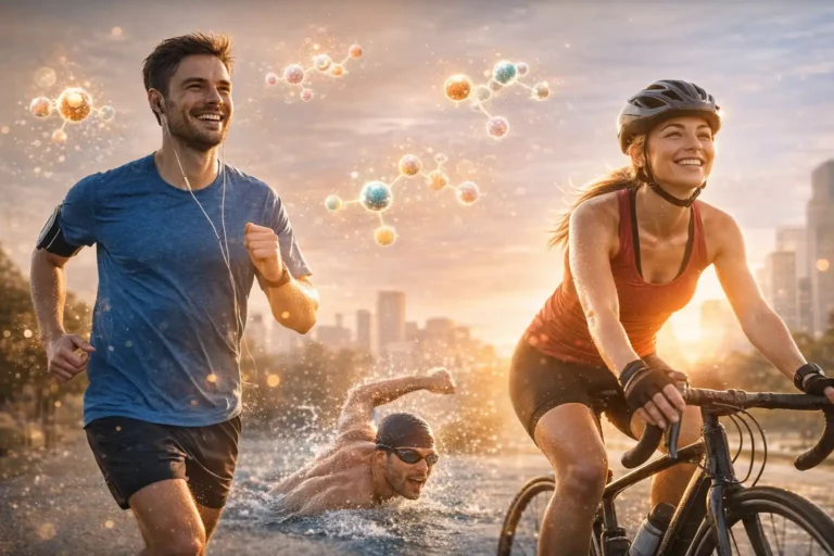 Sportifs pratiquant course à pied, cyclisme et natation en extérieur, illustrant la libération d’endorphines et la sensation de bien-être liée à l’effort physique d’endurance.