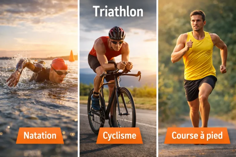 Triathlon illustrant l’enchaînement des trois disciplines sans interruption : natation en eau libre, cyclisme sur route et course à pied lors d’une épreuve officielle.