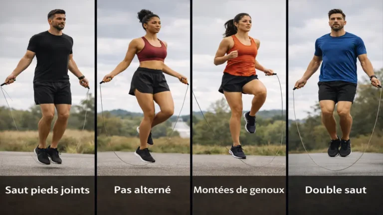 Sportifs réalisant différents exercices de corde à sauter en extérieur : saut pieds joints, pas alterné, montées de genoux et double saut pour améliorer le cardio et brûler des calories.