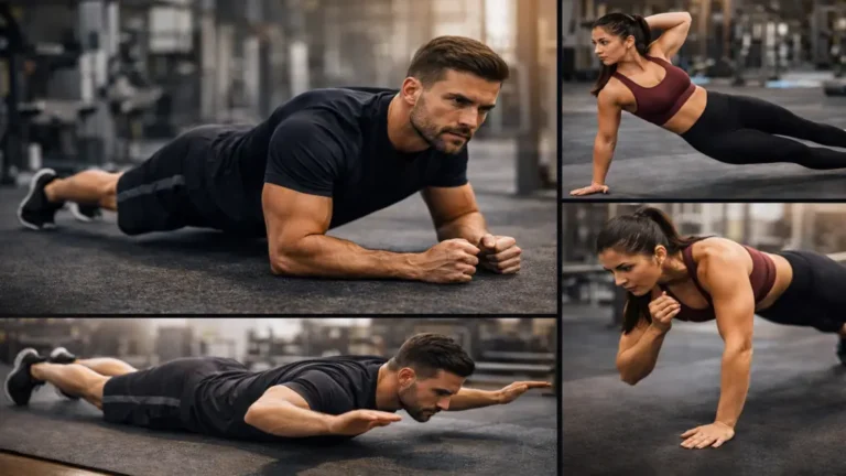 Athlètes réalisant différents exercices de gainage pour renforcer la sangle abdominale, incluant planche frontale, gainage latéral, gainage dorsal et variantes dynamiques en salle de sport.