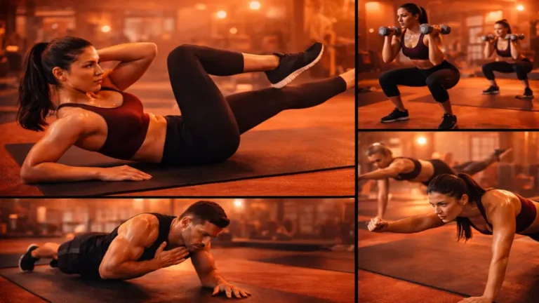 Participants réalisant une séance de hot pilates dans une salle chauffée, combinant gainage, renforcement musculaire et cardio à haute intensité sur tapis.